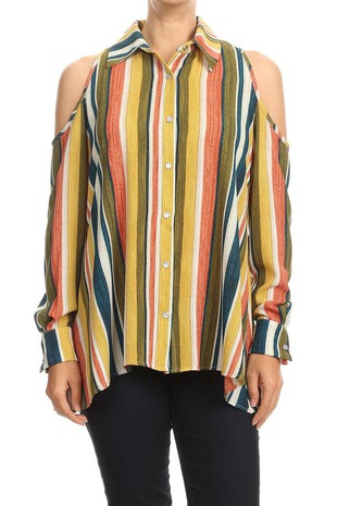 ARIELLA COLD SHOULDER COLLARED BUTTON DOWN - Mustard Multi