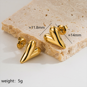 Heart Shaped Tear Drop Style 3D Stainless Steel 18k Gold Plated Ear Studs and Necklace Set - Gold