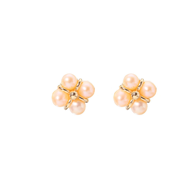 Sweet Solid Genuine Freshwater Pearl Sterling Silver 18k Gold Plated Ear Studs