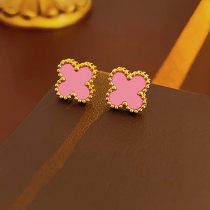 304 Stainless Steel 18K Gold Plated Elegant Pink Four Leaf Clover Acrylic Shell Jewelry and Watch Set