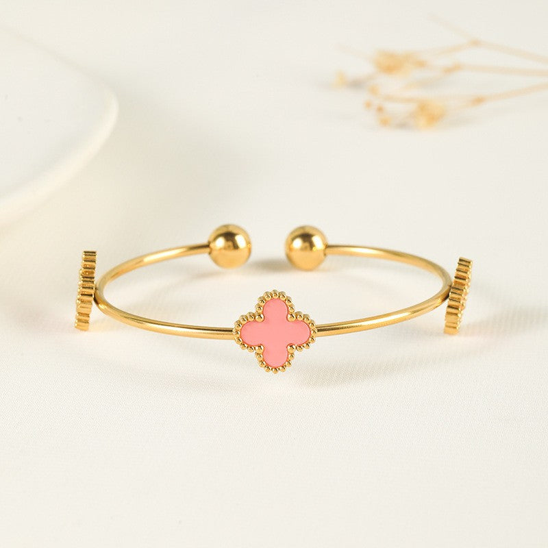 304 Stainless Steel 18K Gold Plated Elegant Pink Four Leaf Clover Acrylic Shell Jewelry and Watch Set