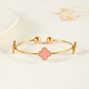 304 Stainless Steel 18K Gold Plated Elegant Pink Four Leaf Clover Acrylic Shell Jewelry and Watch Set