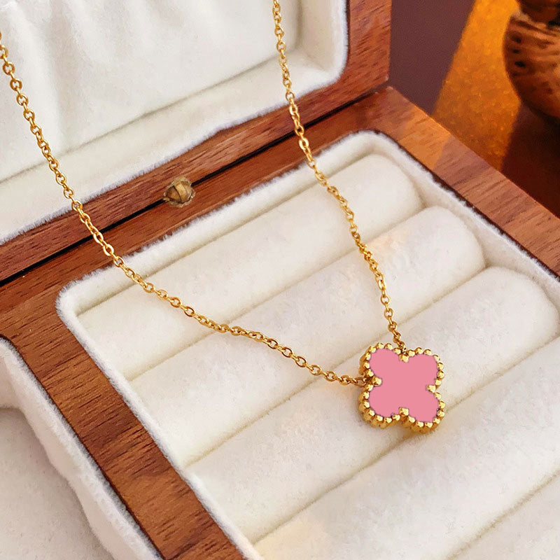 304 Stainless Steel 18K Gold Plated Elegant Pink Four Leaf Clover Acrylic Shell Jewelry and Watch Set