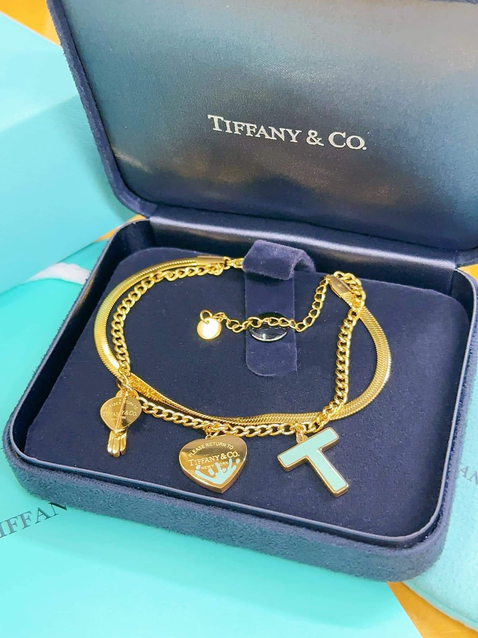 Double layered heart and T logo Bracelet and Necklace Set - Gold