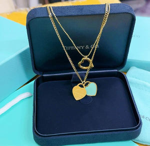 Double layered heart and T logo Bracelet and Necklace Set - Gold