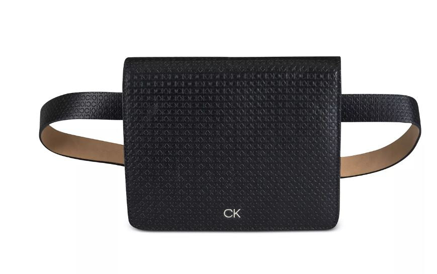 Calvin Klein Wide Flap Embossed Monogram Genuine Leather Belt Bag with Buckle - Black