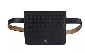 Calvin Klein Wide Flap Embossed Monogram Genuine Leather Belt Bag with Buckle - Black