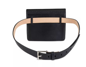 Calvin Klein Wide Flap Embossed Monogram Genuine Leather Belt Bag with Buckle - Black