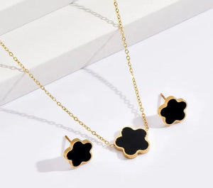 Black Clover Stainless Steel Inlay Shell Earrings and Necklace Set - Gold