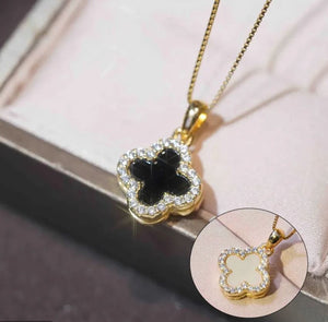 Black and White Clover Silver Plated Inlay Zircon Double Sided Necklace