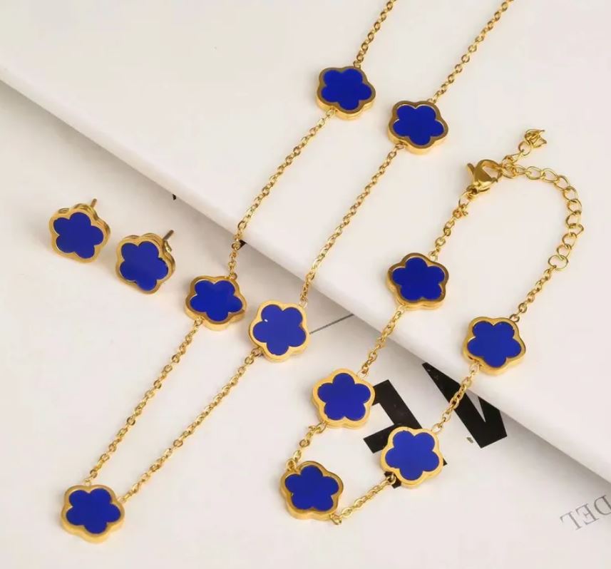 Blue Clover Stainless Steel Bracelets Earrings Necklace Set - Gold