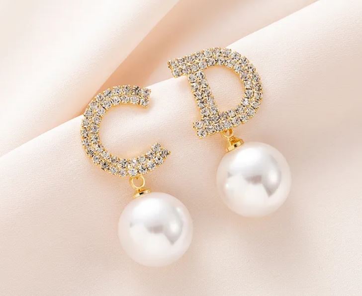 Fashion C Shape Letter Copper Pearl Zircon 18K Gold Plated Drop Earrings