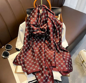 Women's Elegant Geometric Satin Printing Silk Scarves - Wine Red