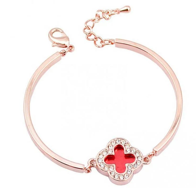 Rose Gold Red Clover Titanium Bracelet, Bangle and Earring Three-Piece Set