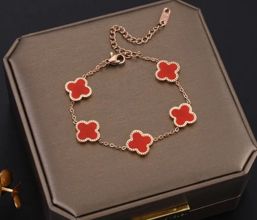 Rose Gold Red Clover Titanium Bracelet, Bangle and Earring Three-Piece Set