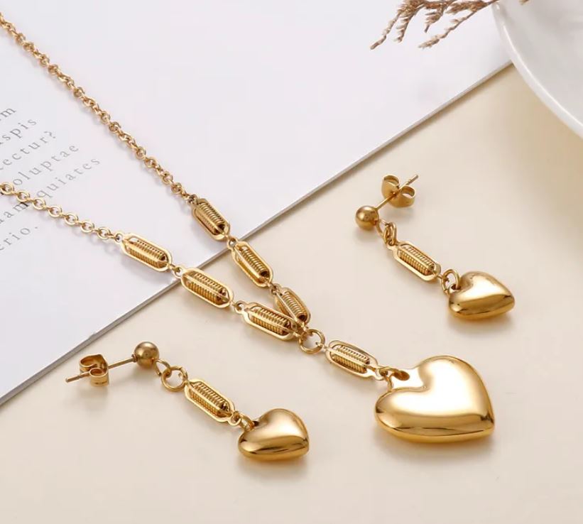 Heart Shape Titanium Steel Plating Earrings Necklace Set