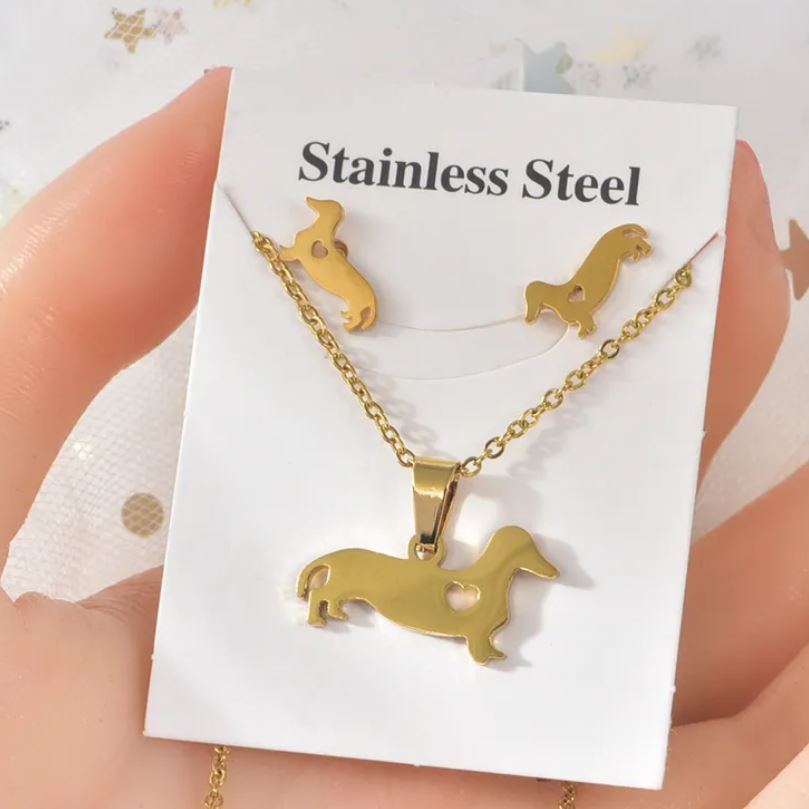 Dog Titanium Steel  Earrings Necklace  Set