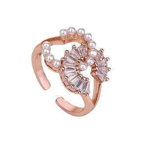 Elegant Double C Copper Inlay Artificial Pearls Zircon Ring - Rose Gold