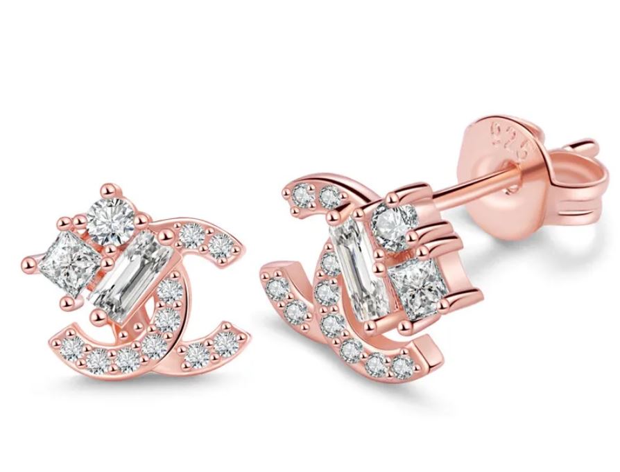 Fashion Double C Copper Inlay Zircon Ear Studs - RoseGold