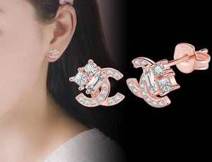 Fashion Double C Copper Inlay Zircon Ear Studs - RoseGold