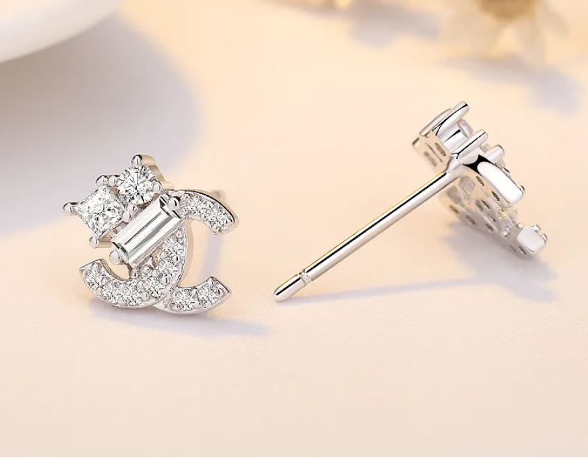 Fashion Double C Copper Inlay Zircon Ear Studs - Silver