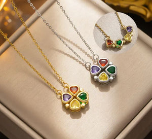 Dual Wear Four Leaf Clover Heart Shape Titanium Zircon Necklace - Gold