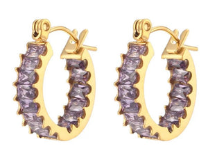 Fashion Stainless Steel Plated 18K Gold Double Side Zircon Earrings - Purple