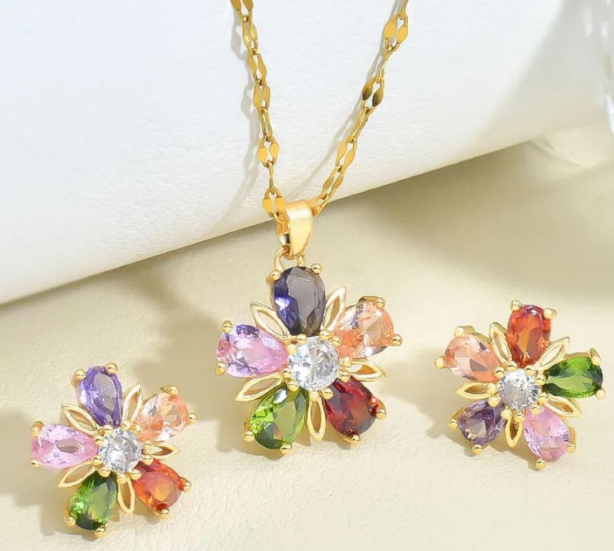 Flower Titanium Steel Inlay Zircon  Earrings Necklace and Ring Jewelry Set