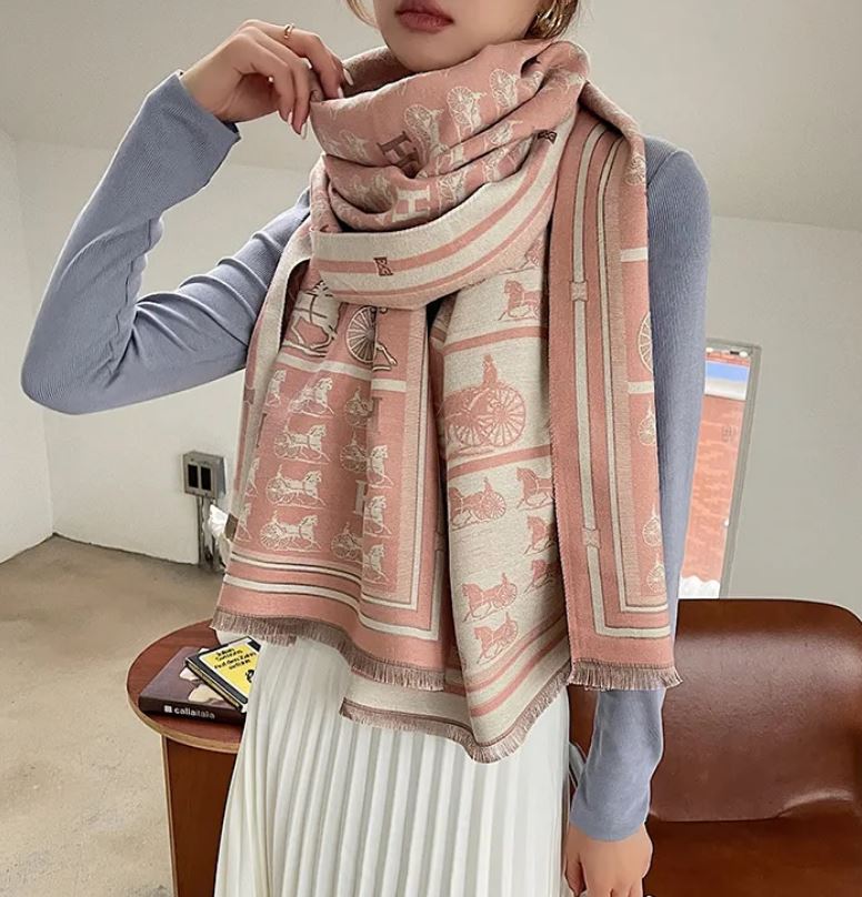 Cashmere Horse Printing Warm Double-sided Brushed Scarf - Pink/Grey