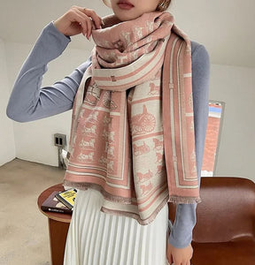 Cashmere Horse Printing Warm Double-sided Brushed Scarf - Pink/Grey