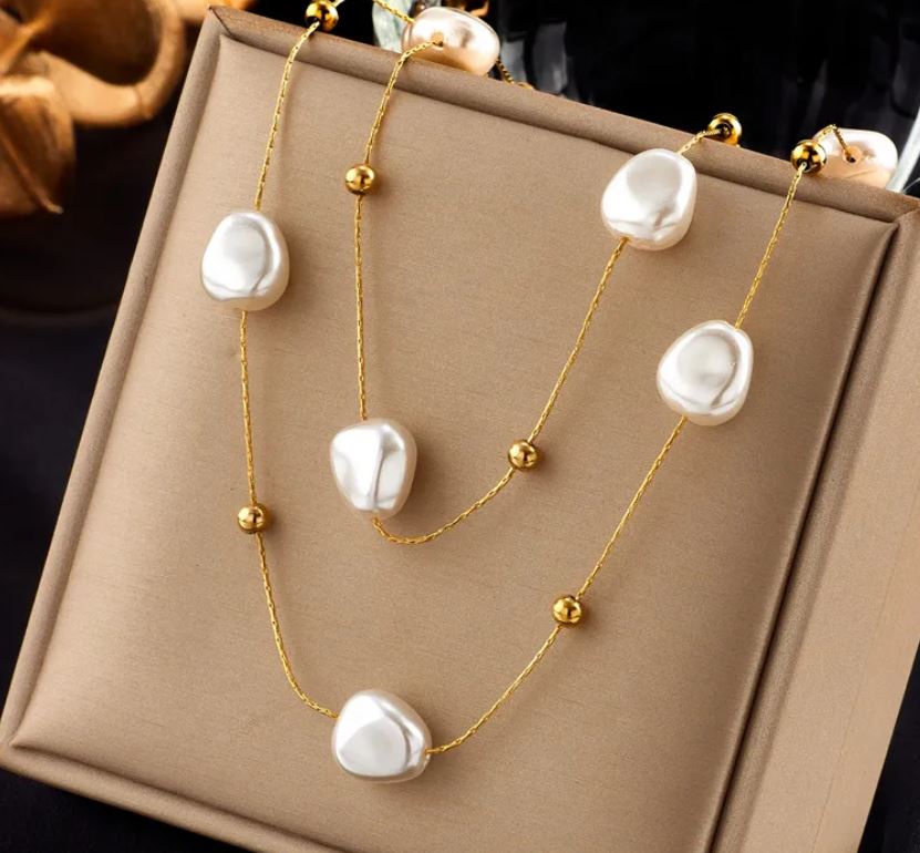 Irregular Pearl Titanium Steel Plating 18K Gold Plated Layered Necklaces