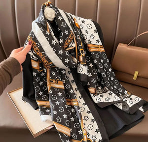 Women's Elegant Geometric Satin Printing Silk Scarves - Black Orange Border