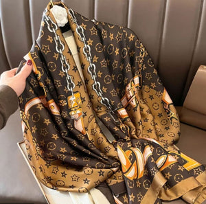 Women's Elegant Geometric Satin Printing Silk Scarves - Brown Pink Border