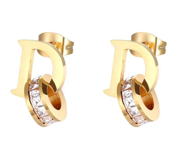 Fashion Letter D Titanium Steel Plating Inlay Rhinestones Ear Studs