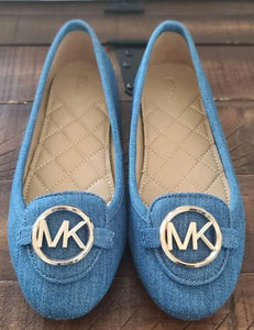 Michael Kors Lillie Ballet Flat MK Logo Denim Leather Slip on- Size 6.5