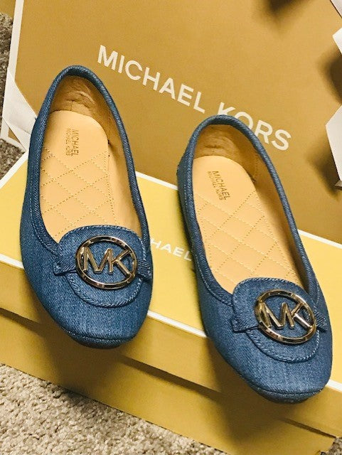 Michael Kors Lillie Ballet Flat MK Logo Denim Leather Slip on- Size 6.5