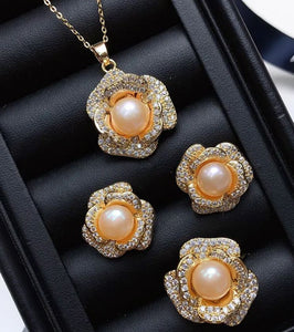 Lady Flower Copper Inlay Freshwater Pearl Zircon 4-pc Jewelry Set