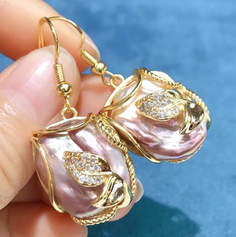 Irregular Leaf Freshwater Pearl Copper Gold Plated 3-pc Jewelry Set- Gold