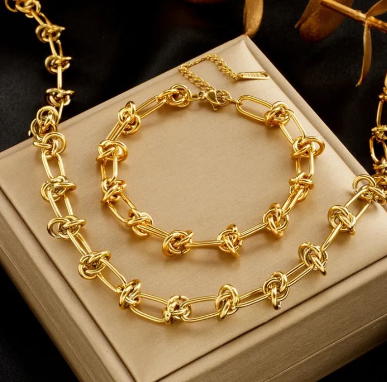 Retro Titanium Steel Chain Bracelets and Necklace Set - Gold