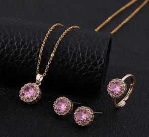 Round Titanium Steel Copper Inlay Zircon Pink Jewelry Set - Gold