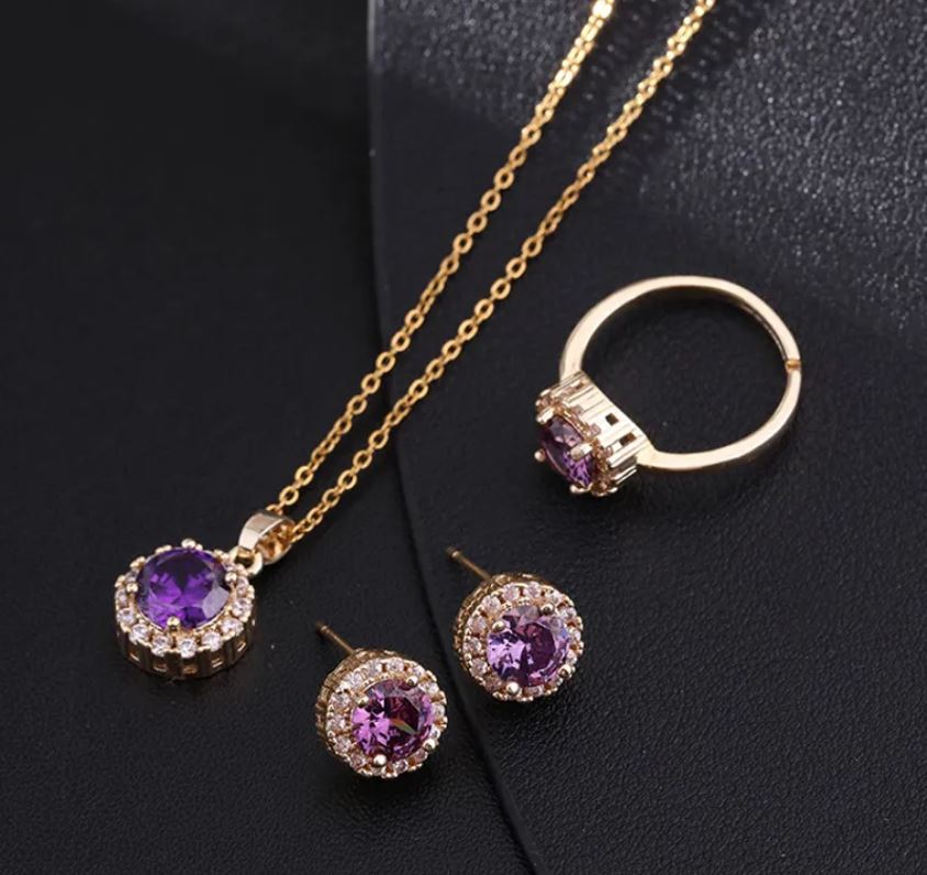 Round Titanium Steel Copper Inlay Zircon Purple Jewelry Set - Gold