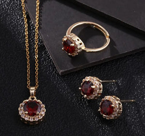 Round Titanium Steel Copper Inlay Zircon Red Jewelry Set - Gold