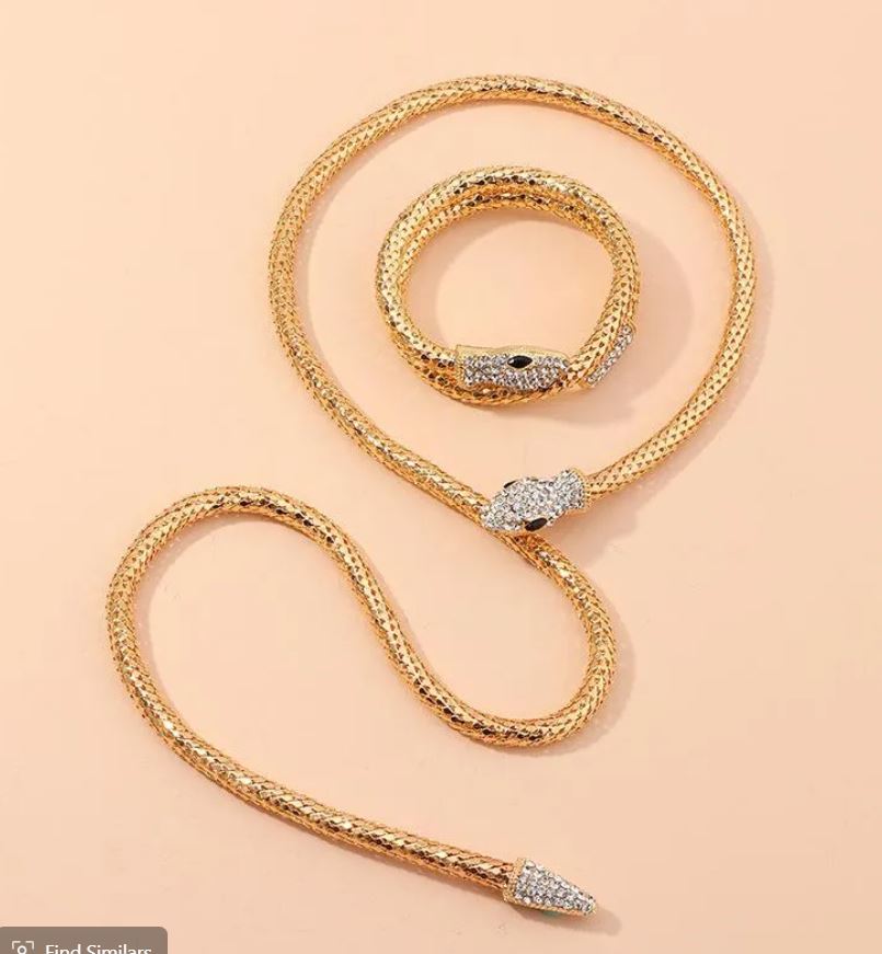 Snake Diamond Serpentine Bracelet and Necklace Set - Gold