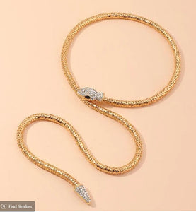 Snake Diamond Serpentine Bracelet and Necklace Set - Gold