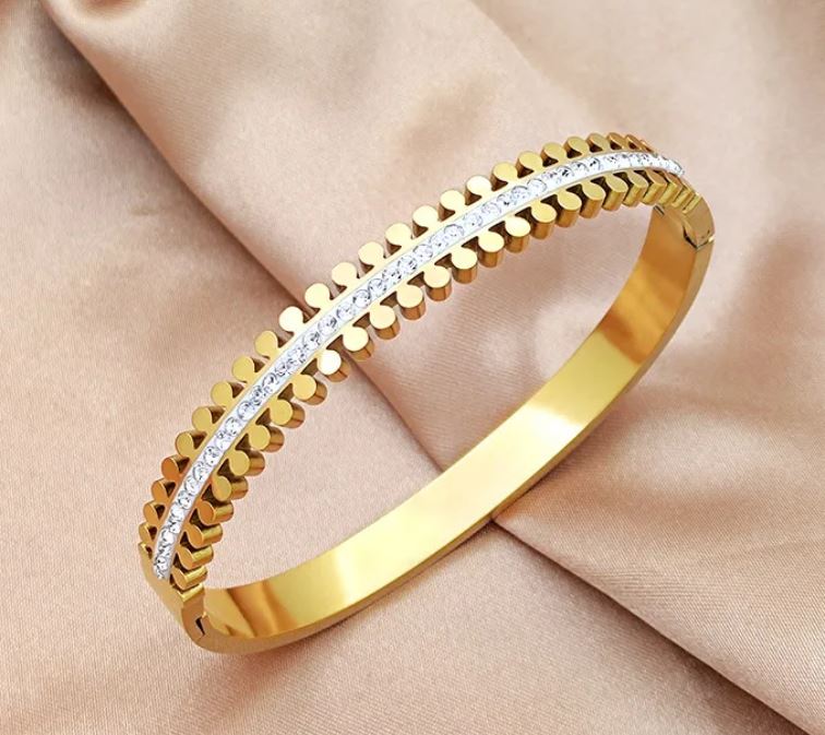 Classic Style Leaf  Stainless Steel Plating Inlay Zircon 18k Gold Plated Bangle