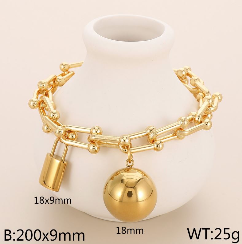 U Shape Ball and Lock Titanium Steel Plating Bracelets Earrings Necklace Set - Gold