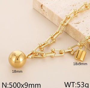 U Shape Ball and Lock Titanium Steel Plating Bracelets Earrings Necklace Set - Gold