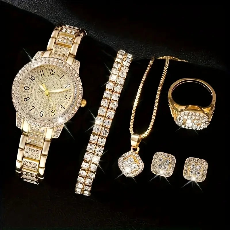 Elegant 6-pc Dog Hook Quartz Watch and Jewelry Set - Gold