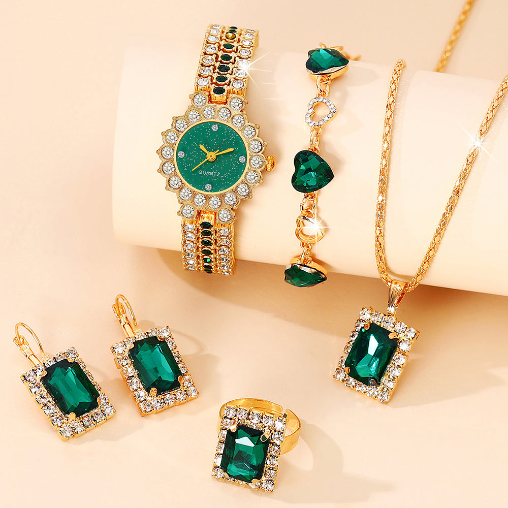 Casual Solid Color Buckle Quartz Women's Watches with 5-pc Green Jewelry Set - Gold