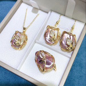 Irregular Leaf Freshwater Pearl Copper Gold Plated 3-pc Jewelry Set- Gold